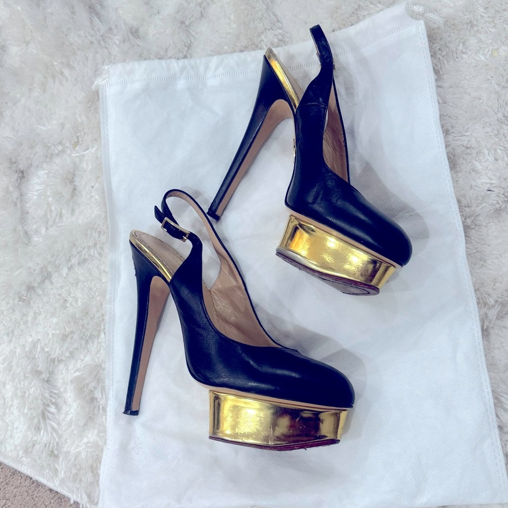 Black Leather DOLLY Gold Platform Slingback Pumps - Picture 3 of 11